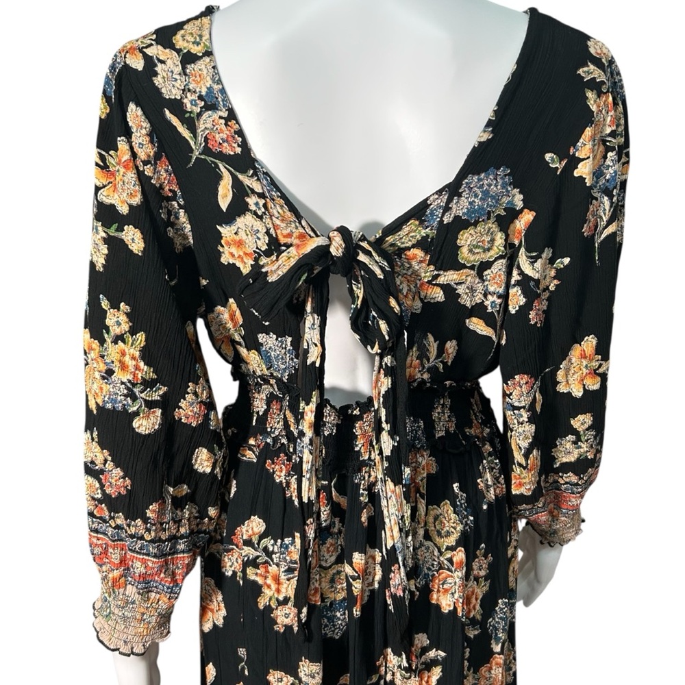 ANGIE Women’s Black Midi Dress Sz L Flowy Boho Floral High Low Smocked Slit - Picture 9 of 16